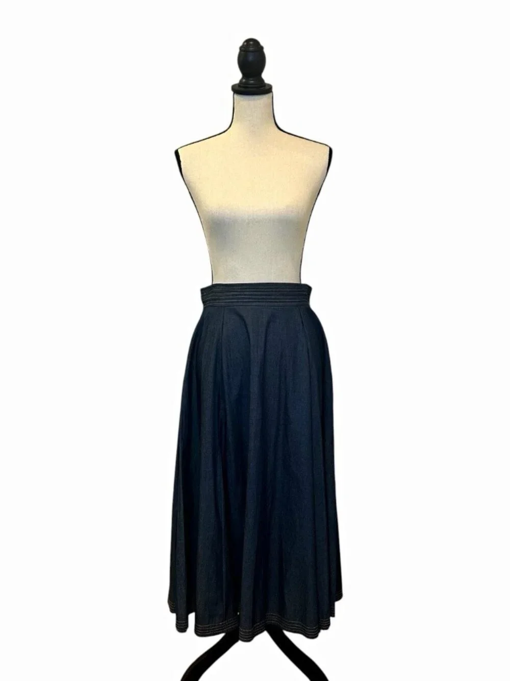 eShakti Skirt Women’s Size 12 Blue Denim Pleated A-Line Ankle Maxi Pockets